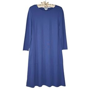 J Jill Medium Tall‎ Blue Ponte Knit Crew Neck Midi Shift Dress Blue Minimalist